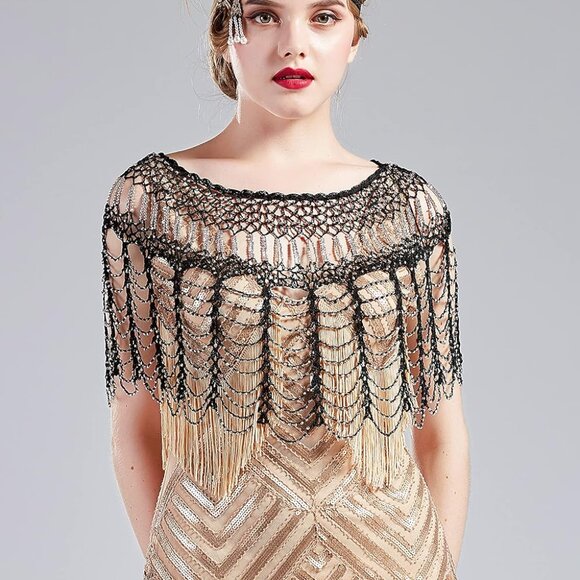 1920s Shawl Wraps Gatsby Beaded Evening Cape Bridal Shawl Bolero Flapper Cover U - Picture 6 of 7